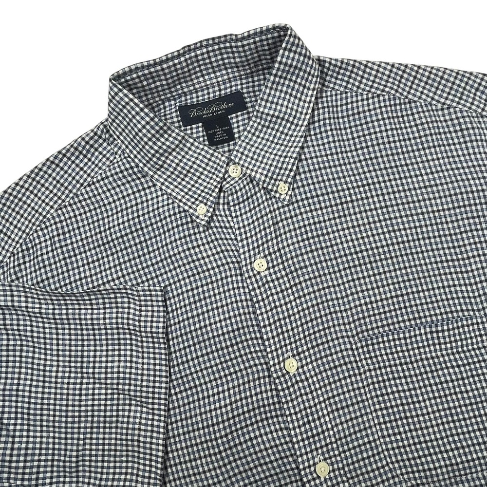 Brooks Brothers Irish Linen Short Sleeve Button Down Shirt Mens L‎ Navy Gingham